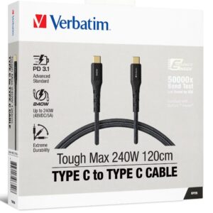 Verbatim Tough Max 120cm USB-C to USB-C cable for 240W PD 3.1 charging. Kevlar r