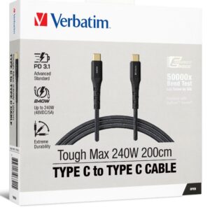 Verbatim Tough Max 200cm USB-C to USB-C cable for 240W PD 3.1 charging. Kevlar r