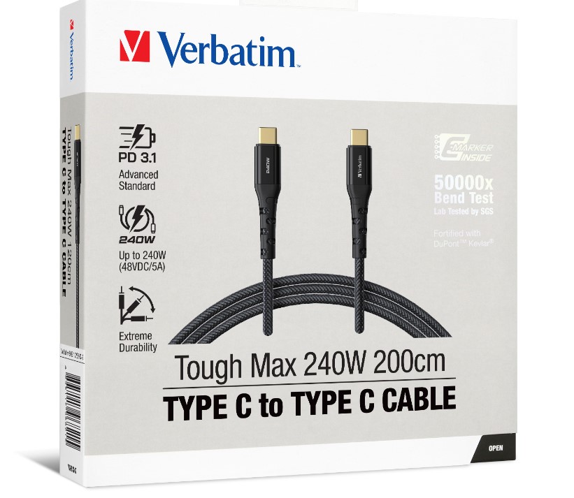 Verbatim Tough Max 200cm USB-C to USB-C cable for 240W PD 3.1 charging. Kevlar r