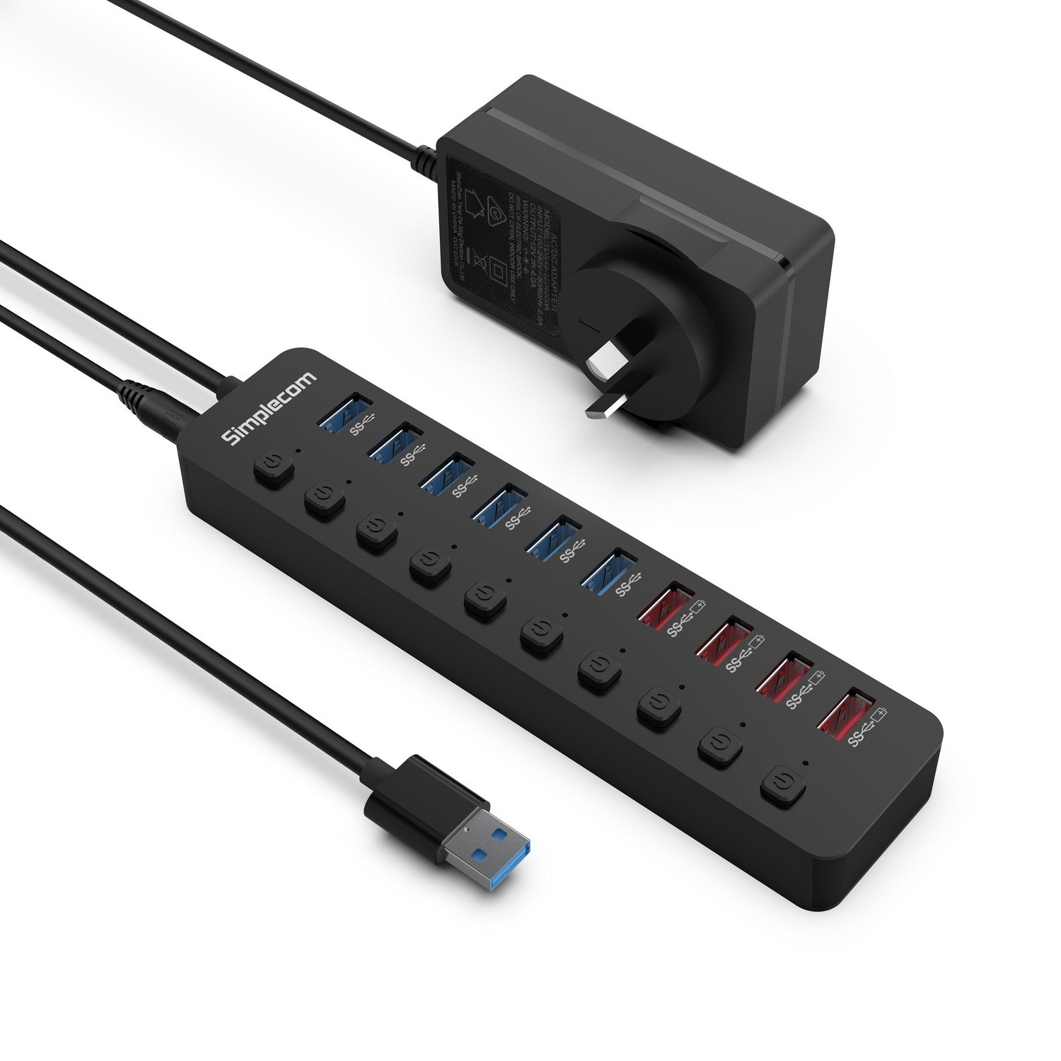 Simplecom CHU810 48W 10-Port USB 3.0 Hub and Charger with Individual Switches 12