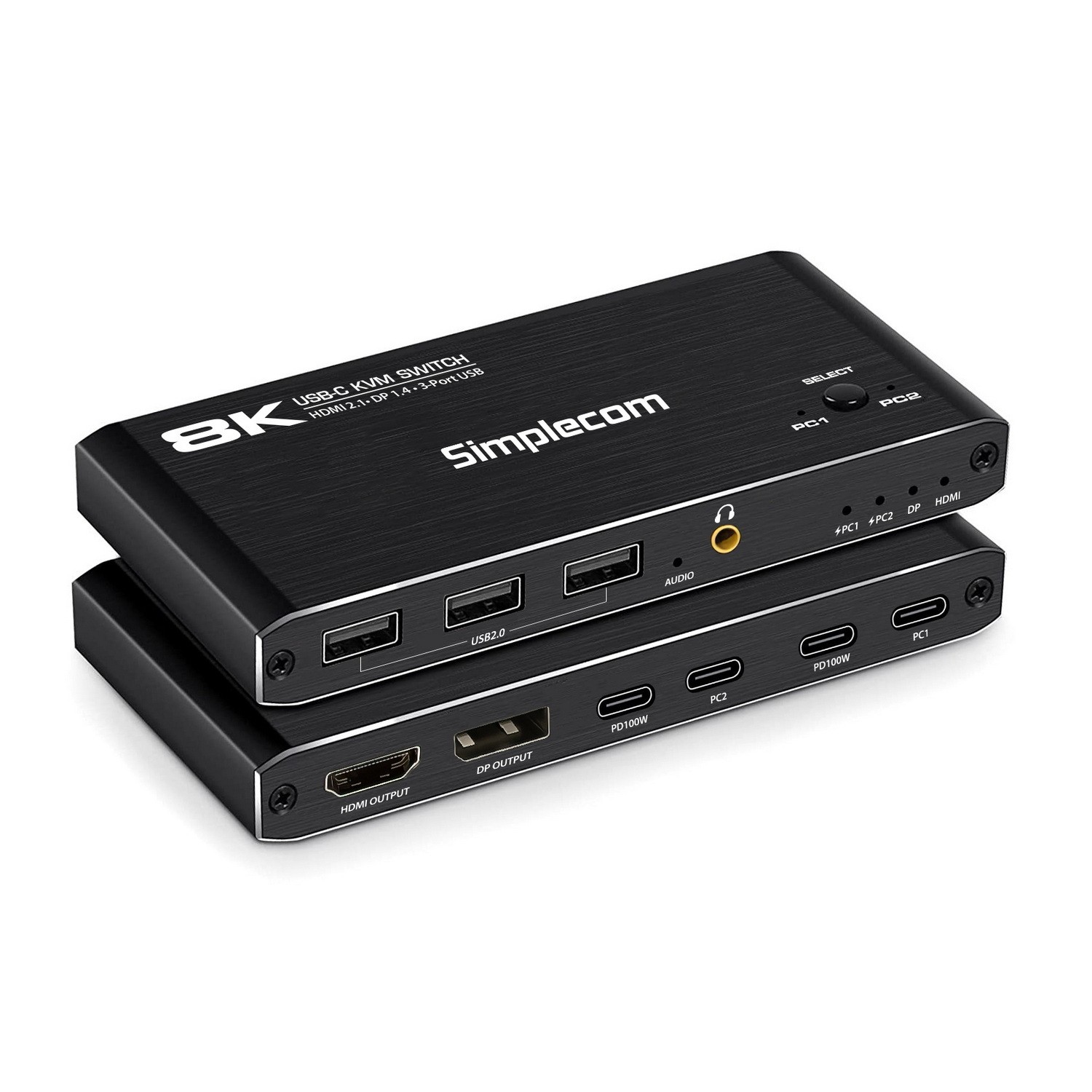 Simplecom KM470 2-Port USB-C KVM Switch 8K Docking Station HDMI 2.1 DP for Lapto