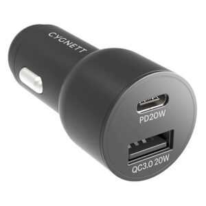 Cygnett CarPower 20W Dual Port Car Charger with 20W USB-C PD + 20W QC 3.0 USB-A-
