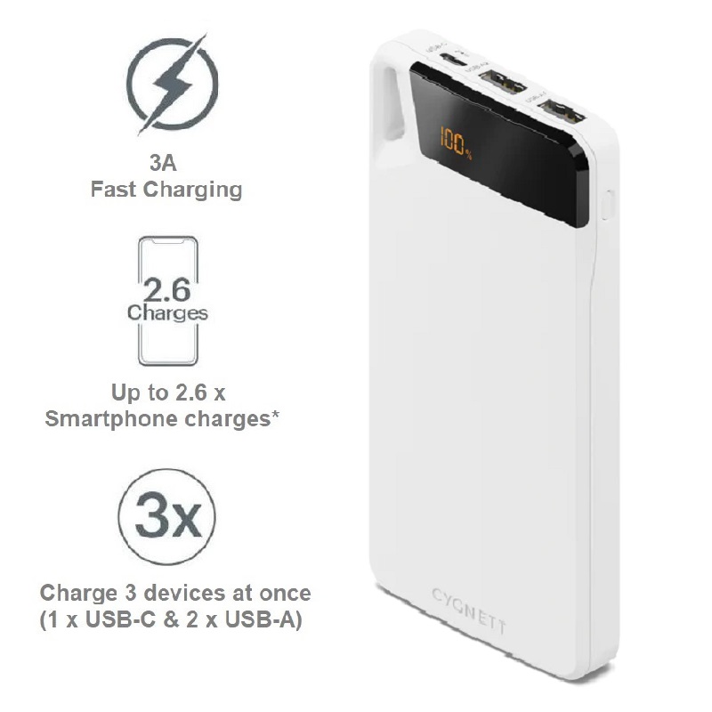 Cygnett ChargeUp Boost 4th Gen 10K mAh Power Bank-White(CY4748PBCHE)Triple Port(