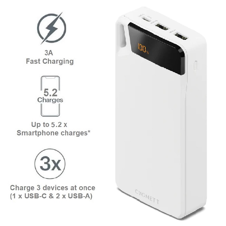 Cygnett ChargeUp Boost 4th Gen 20K mAh Power Bank- White(CY4752PBCHE)Triple Port