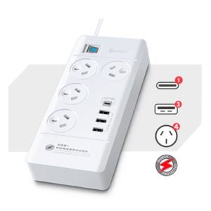 Sansai 4 Outlet 3xUSB-A & 1xUSB-C Powerboard Master On/Off switch Surge and over