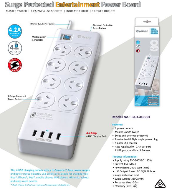 Sansai 8 Outlets & 4 USB Outlets Surge Protected Powerboard Master On/Off switch