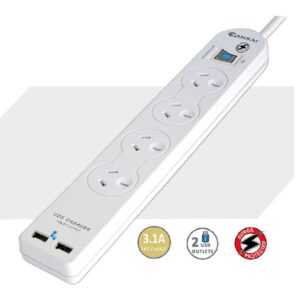 Sansai 4 Way Basic Powerboard USB Ax2 4 Outlets Master Switch Surge and overload