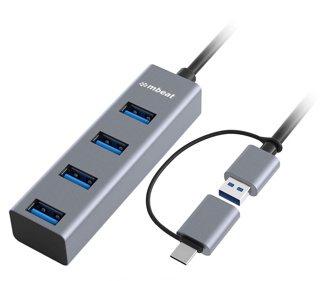 mbeat® 4-Port USB 3.0 Hub with 2-in-1 USB 3.0 & USB-C Converter - Space Grey tr