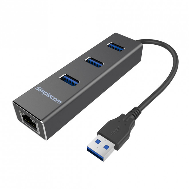 (LS)Simplecom CHN410 Black Aluminium 3 Port USB 3.0 HUB with Gigabit Ethernet Ad