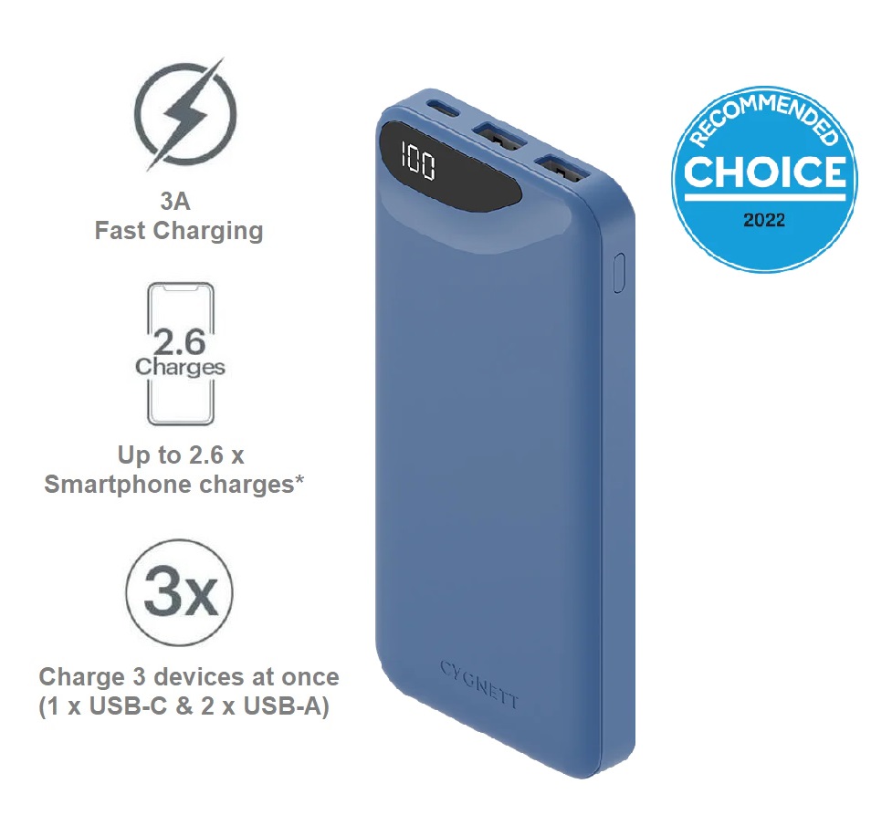 Cygnett ChargeUp Boost 3rd Gen 10K mAh Power Bank-Blue(CY4342PBCHE)