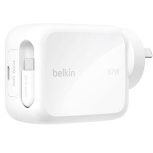 Belkin UltraCharge Retractable Dual 67W USB-C GaN Wall Charger - White(WCH022auW