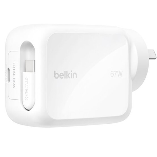 Belkin UltraCharge Retractable Dual 67W USB-C GaN Wall Charger - White(WCH022auW