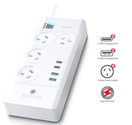 Sansai 4 Way Powerboard 4 Outlet 2×USB-A 2×USB-C Charging Ports Ports 10A 240V